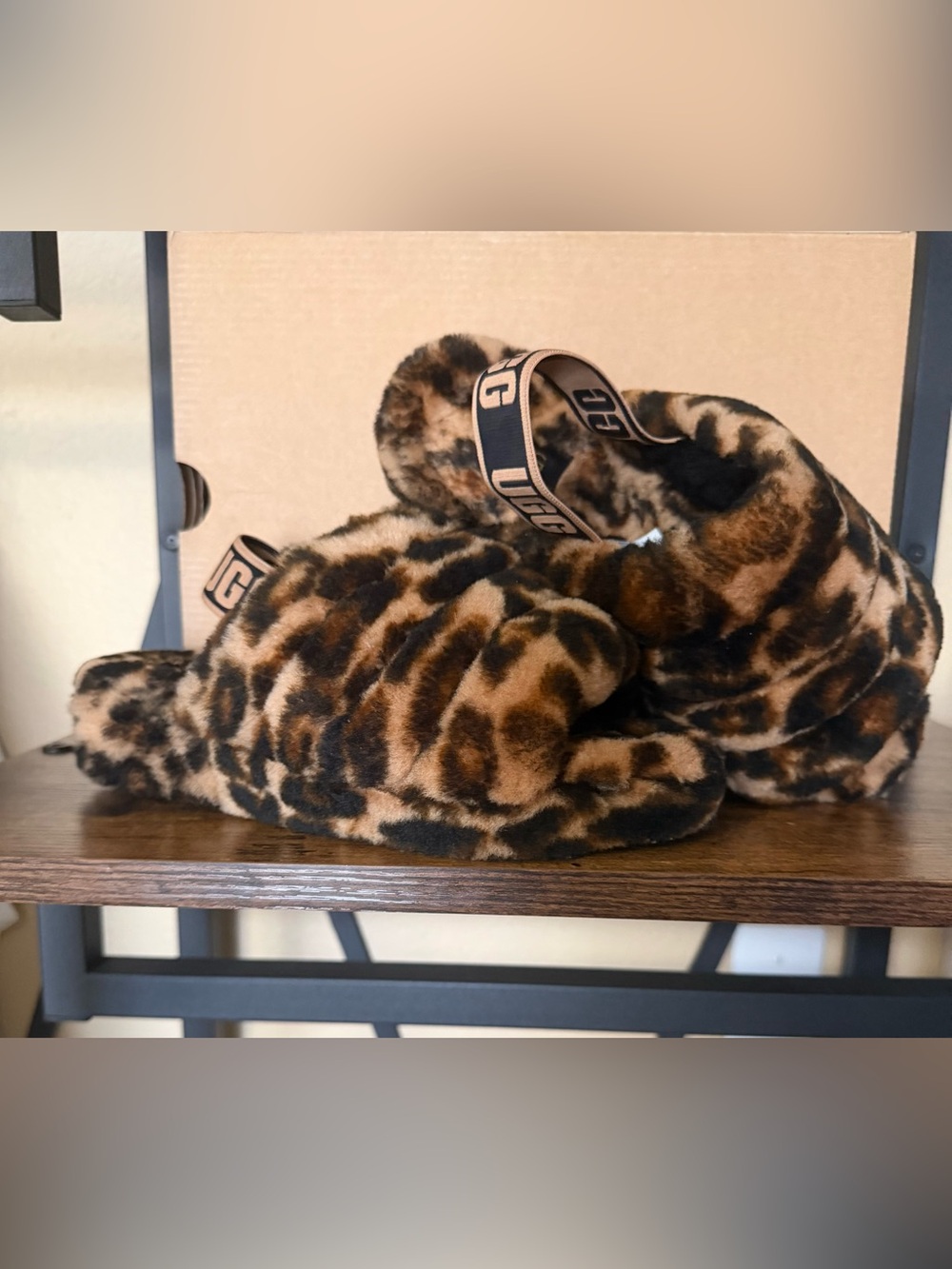 UGG Leopard Faux-Fur Slide with Branded Elastic Heel Strap in Brown and Black